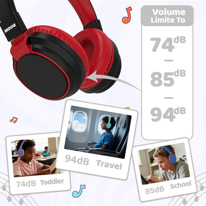Kids Headphones Bluetooth 5.3 Wireless 60H Play Time Volume Limited 85/110Db over Ear Foldable Protection Headset/Wired Aux Built-In Mic for Boy Girl Travel School Pad Tablet Black