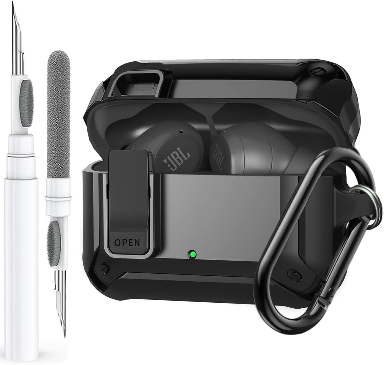 Compatible with JBL Vibe 200TWS/JBL Vibe Beam Case Cover Lock Clip with Cleaner Kit,Cool Protective Cover Men Women with Carabiner for JBL Vibe Beam 2 Charging Case - Black