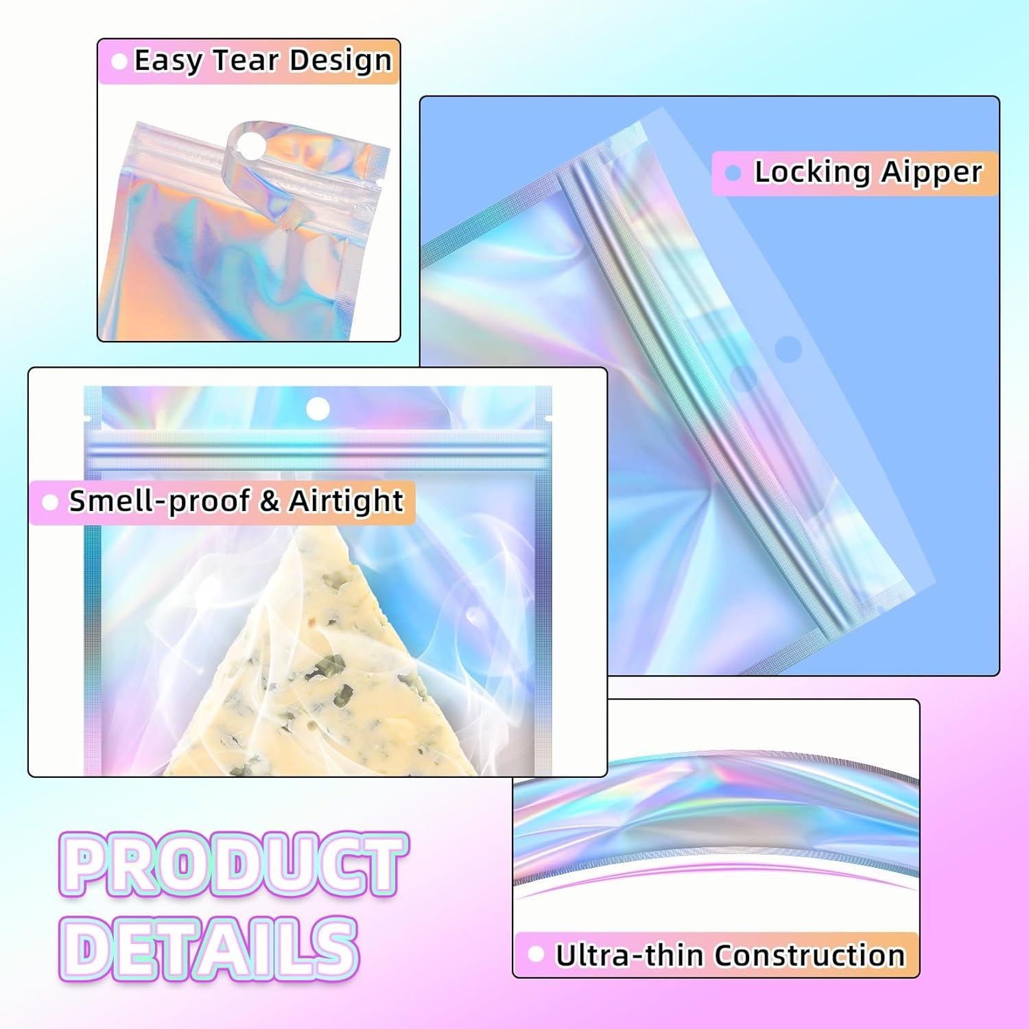 Mylar Bags, 50 PCS Resealable Bags-3X4In, Holographic Bag for Small Business, Small Electronics, Little Bags for Cards, Sealable Bag with Protection, Dispensary Packaging in Bulk