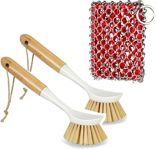 Cast Iron Chainmail Scrubber, 2 Pack Scrub Brush and Scraper with Bamboo Handle – Skillet Scrubber with Tough Nylon Bristles & Chaimail Scrubber for Cleaning Pans