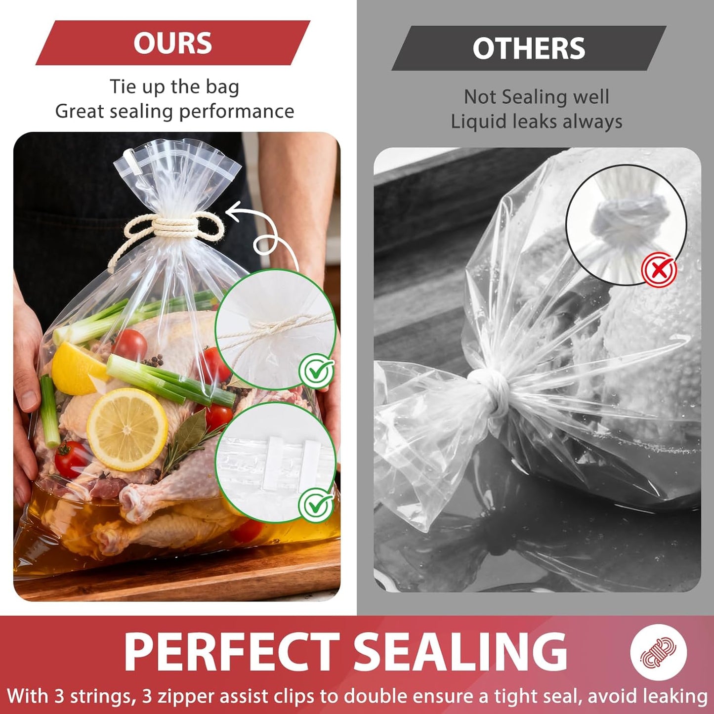 Turkey Brine Bags, 3 Pack Extra Large 26"X22" Brining Bags for Turkey, Holds up 35Lb and Above, Double Zip-Lock Brine Bag Kit with 3 Strings & Clips, Thanksgiving, Christmas Essentials