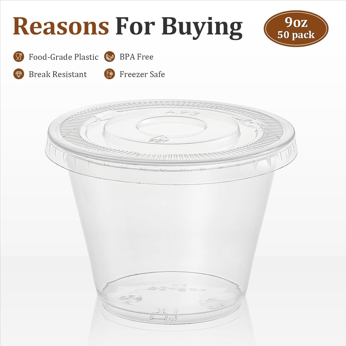 [50 Sets, 9 Oz Clear Plastic Cups with Flat Lids No Hole, Disposable Cups with Lids for Ice Cream, Pudding, Cake, Snacks Smoothie, Milkshake, Cold Drinks