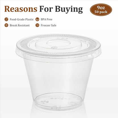 [50 Sets, 9 Oz Clear Plastic Cups with Flat Lids No Hole, Disposable Cups with Lids for Ice Cream, Pudding, Cake, Snacks Smoothie, Milkshake, Cold Drinks
