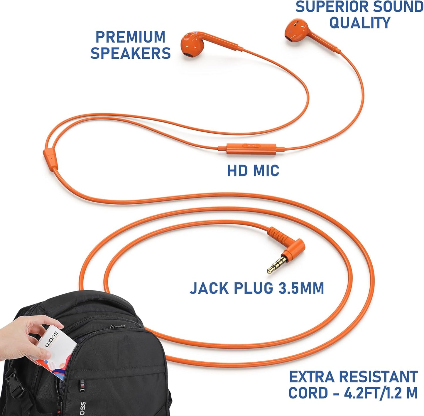 Zenith Wired Earbuds In-Ear Headphones, 2 Years Warranty, Earphones with Microphone, Corded for 3.5Mm Jack Ear Buds for Iphone, Samsung, Computer, Laptop, Kids, School Students, Woman - Orange