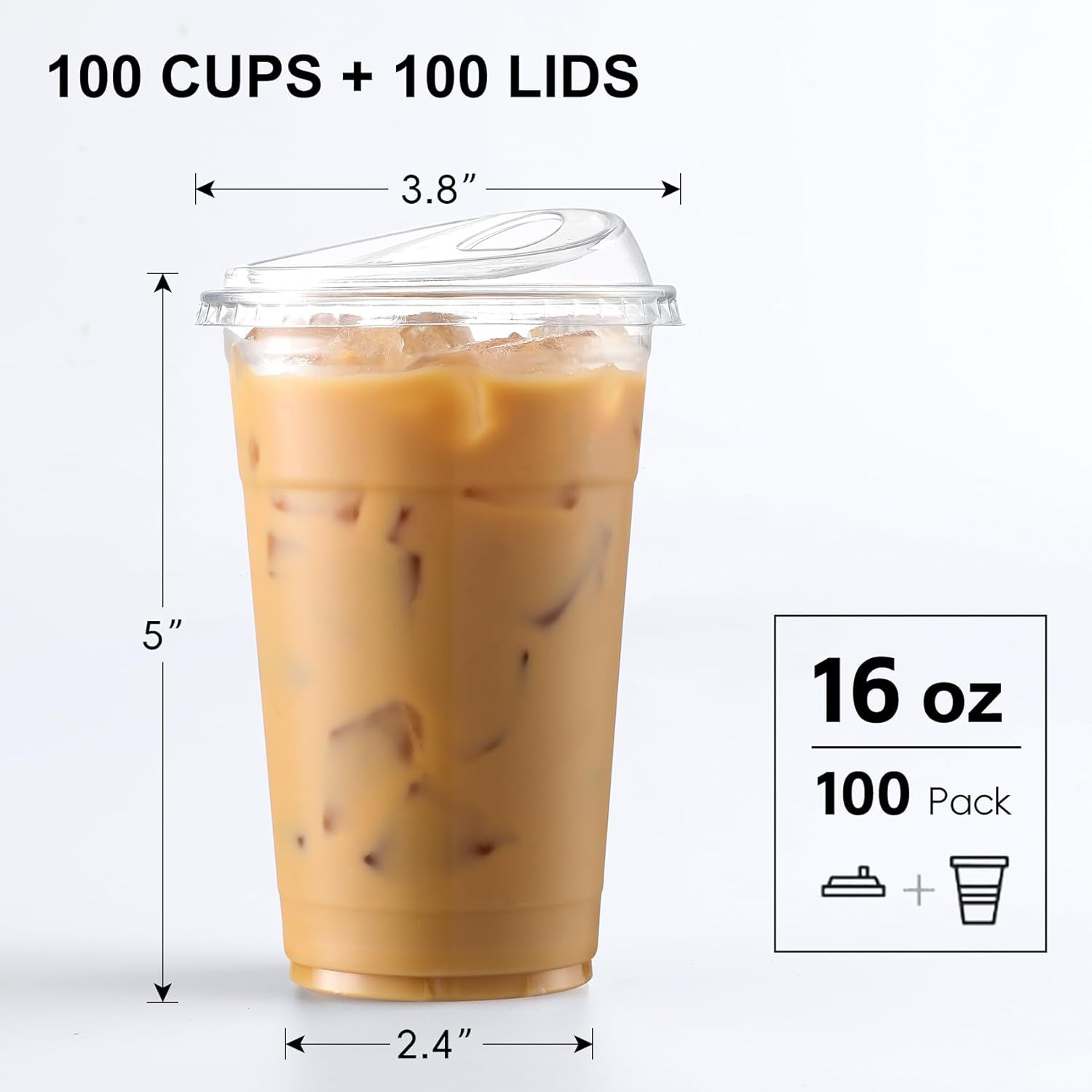 100 Pack - Clear 16 Oz Plastic Cups with Lids, Disposable Iced Coffee Cups with Lids for Party Drinks, Bubble Tea and Cold Beverage, BPA Free & Food Safe