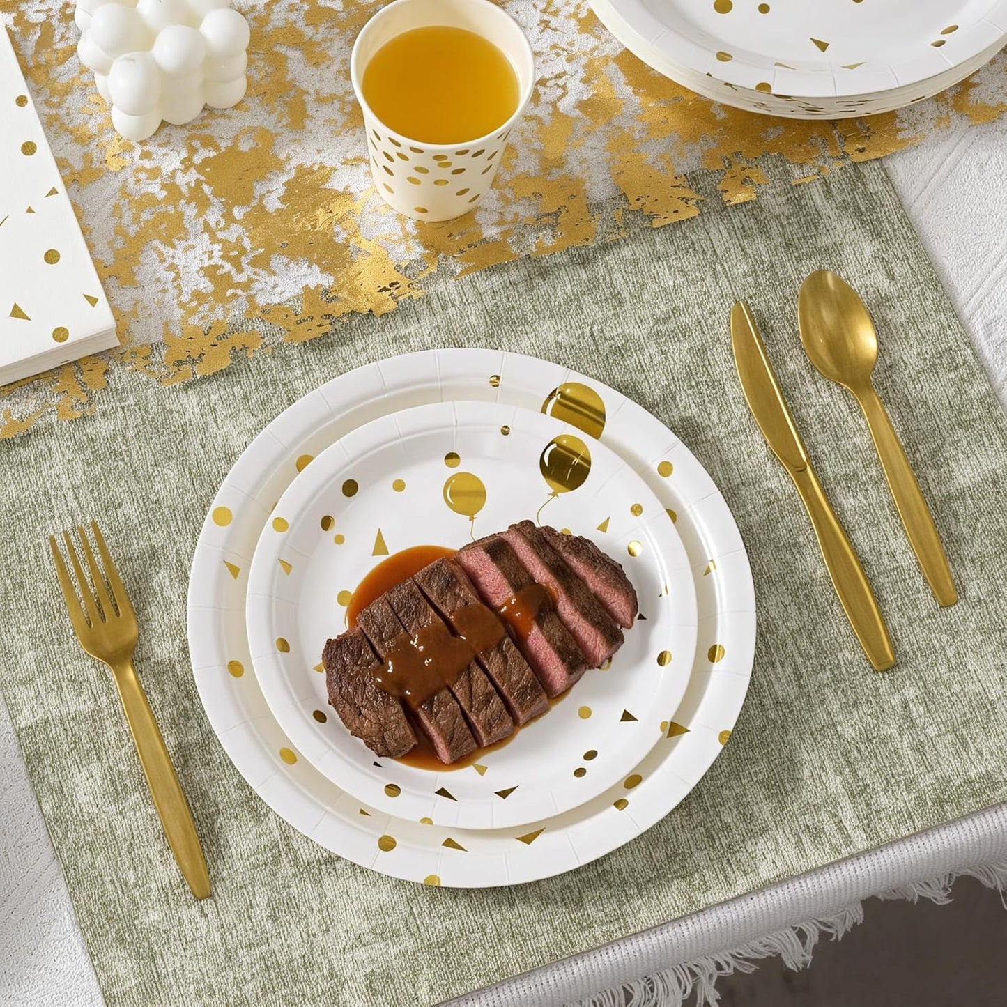 Happy Birthday Paper Plates Set, 175 PCS Disposable Dinnerware Set for 25 Guests, White Gold Dot Paper Plates Napkins Cups Gold Plastic Forks Knives Spoons for Birthday Party Decor