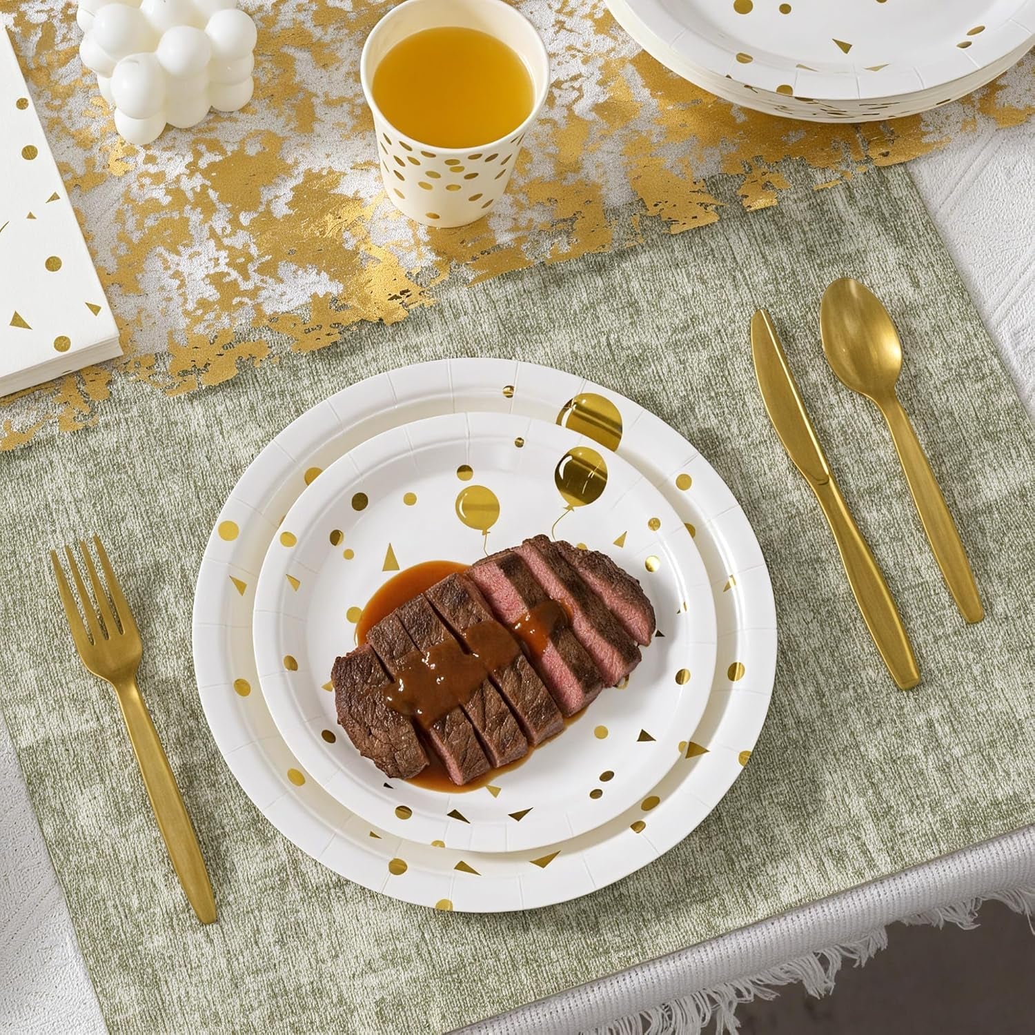 Happy Birthday Paper Plates Set, 175 PCS Disposable Dinnerware Set for 25 Guests, White Gold Dot Paper Plates Napkins Cups Gold Plastic Forks Knives Spoons for Birthday Party Decor