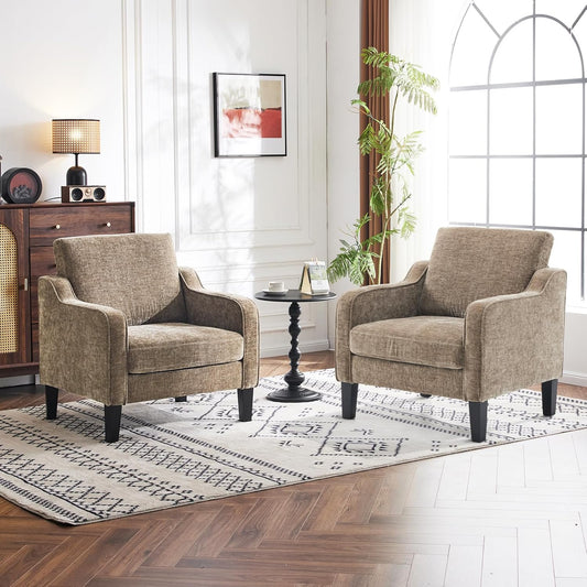 Set of 2 Mid-Century Modern Light Brown Accent Chairs - Upholstered Comfy Scooped Arm Chairs for Living Room, Bedroom, or Waiting Room