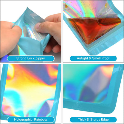 100-Pack Mylar Bags with Clear Window Holographic Resealable Sealable Packaging Zip Bag for Small Bussiness Jewelry Candy Sample Food Packing Supplies （3×3 Inch，Blue）