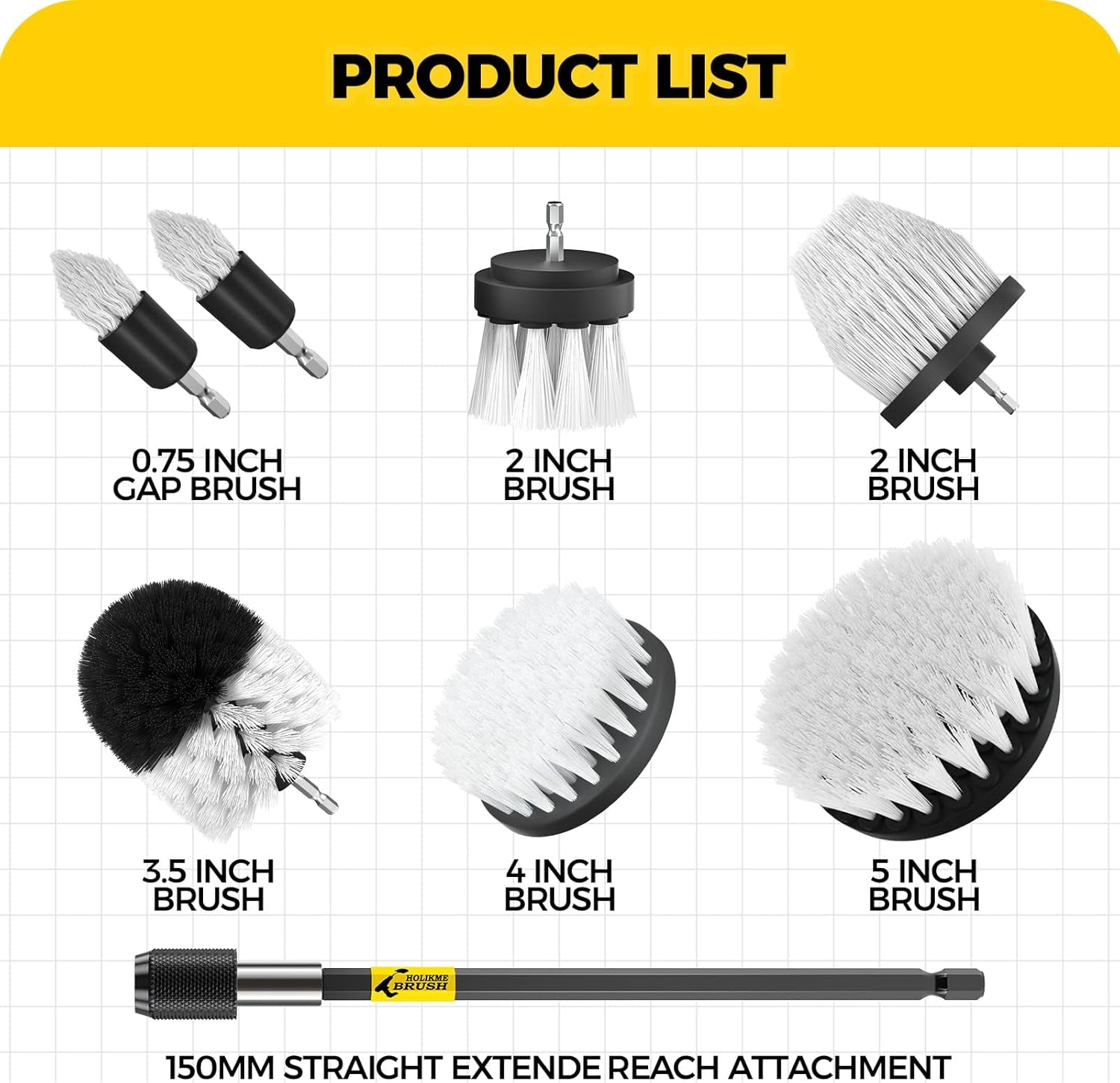 8 Piece Drill Brush Attachment Set, Power Scrubber with Extend Long Handle, Cleaning Supplies for Shower, Bathtub, Bathroom, Kitchen (White)