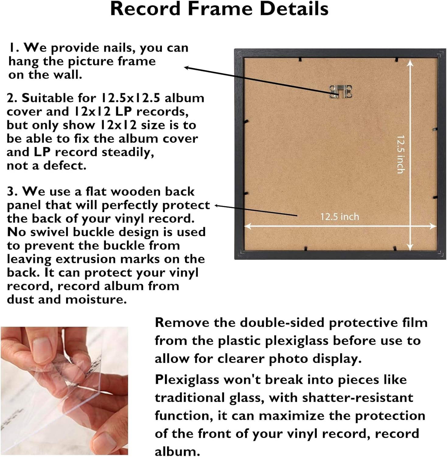 Wood Vinyl Record Frame for the Wall, Display 12.5X12.5 Album Cover and 12X12 LP Vinyl Record with Cover, Album Frames, Sturdy 12.5X12.5 Frame Black, 1 Pack