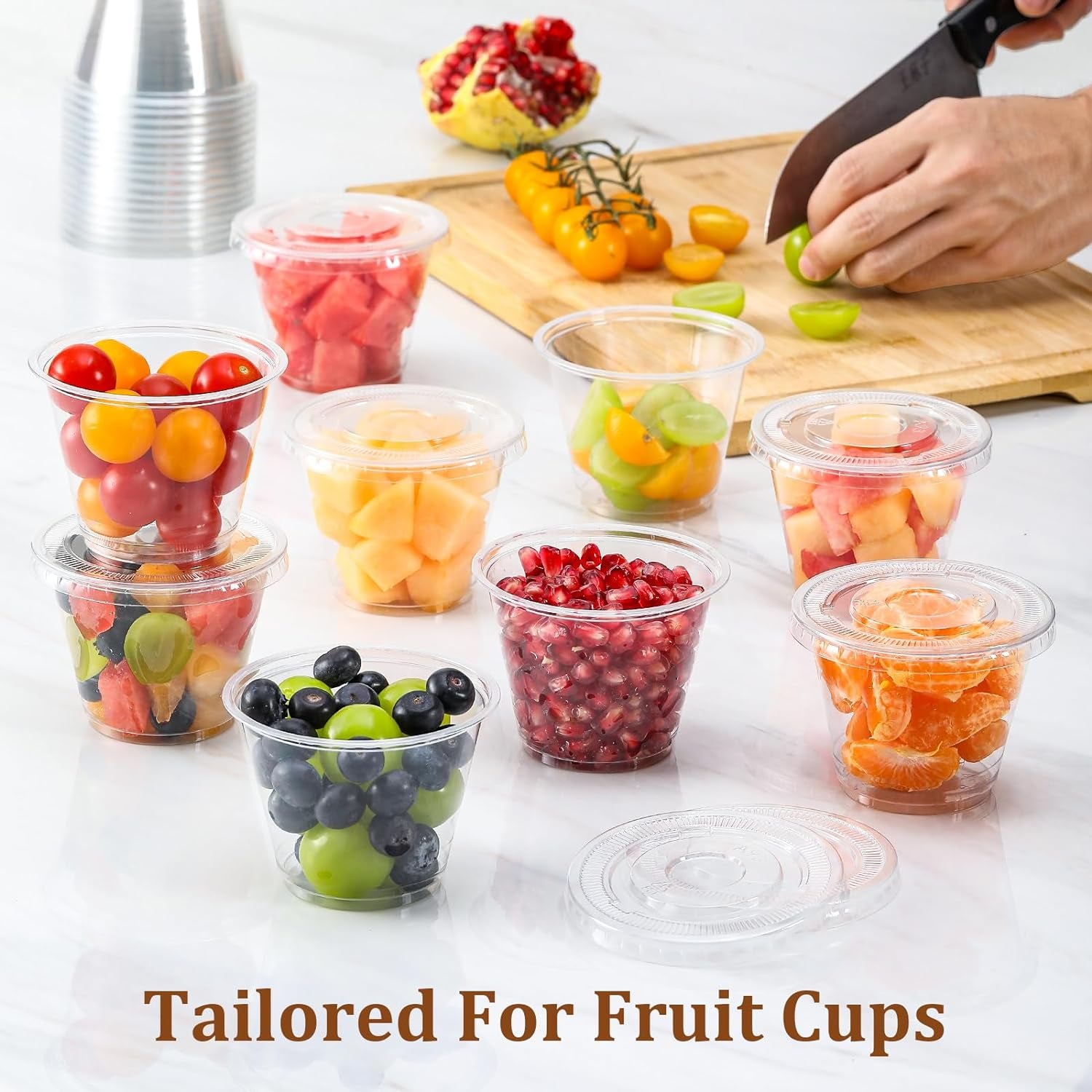 [50 Sets, 9 Oz Clear Plastic Cups with Flat Lids No Hole, Disposable Cups with Lids for Ice Cream, Pudding, Cake, Snacks Smoothie, Milkshake, Cold Drinks