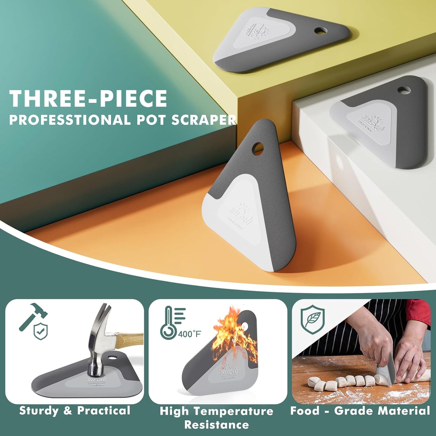 Food Scraper, 2-In-1 Pot and Pan Dish Scraper, Nylon and Silicone, Kitchen Scraper Tools for Cast Iron Skillets, Cookware, Dishes, Pans and Pots, Heat Resistant, Set of 3