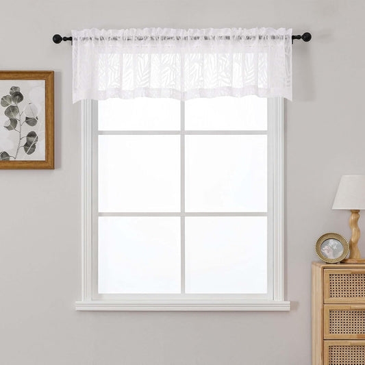 White Valances for Windows 14 Inch Length 2 Panels, Dual Rod Pocket Light Filtering Valances for Kitchen Cafe, Soft Airy Short Sheer Curtains with Leaf Jacquard Clip Design, 2X42Wx14L Inches