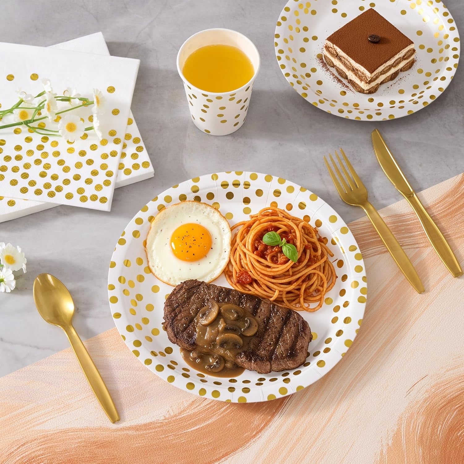 White and Gold Dot Paper Plates Set, 175 PCS Party Supplies, Disposable Dinnerware Set for 25 Guests, Gold Dot Paper Plates Napkins Cups Gold Plastic Forks Knives Spoons for Wedding Festival