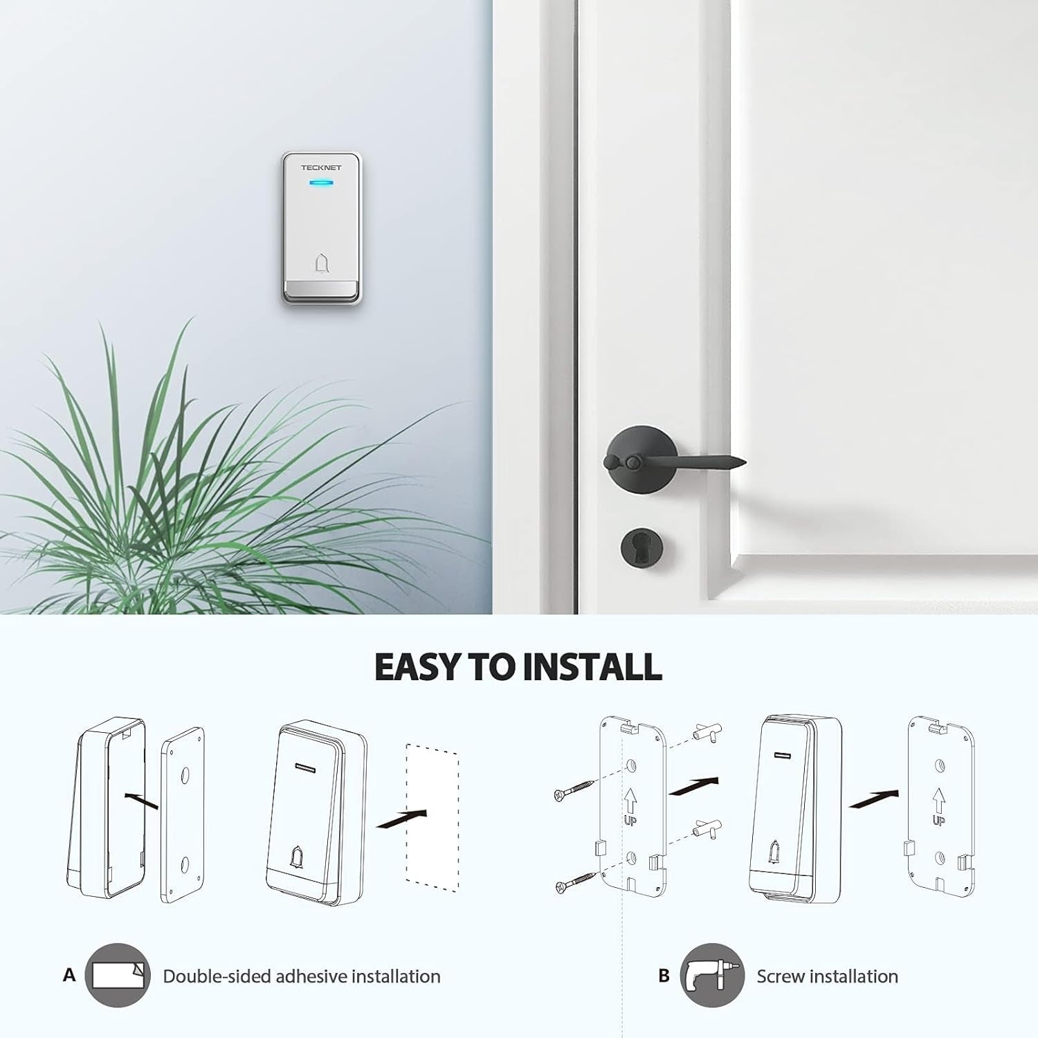 Wireless Doorbell, Self-Powered Doorbell, 0-110Db Plug-Through Wireless Doorbell Ringer for Homes Classroom, IP66 Waterproof 1300Ft Door Chime with Extra Socket, 60 Chimes, LED Light (White)