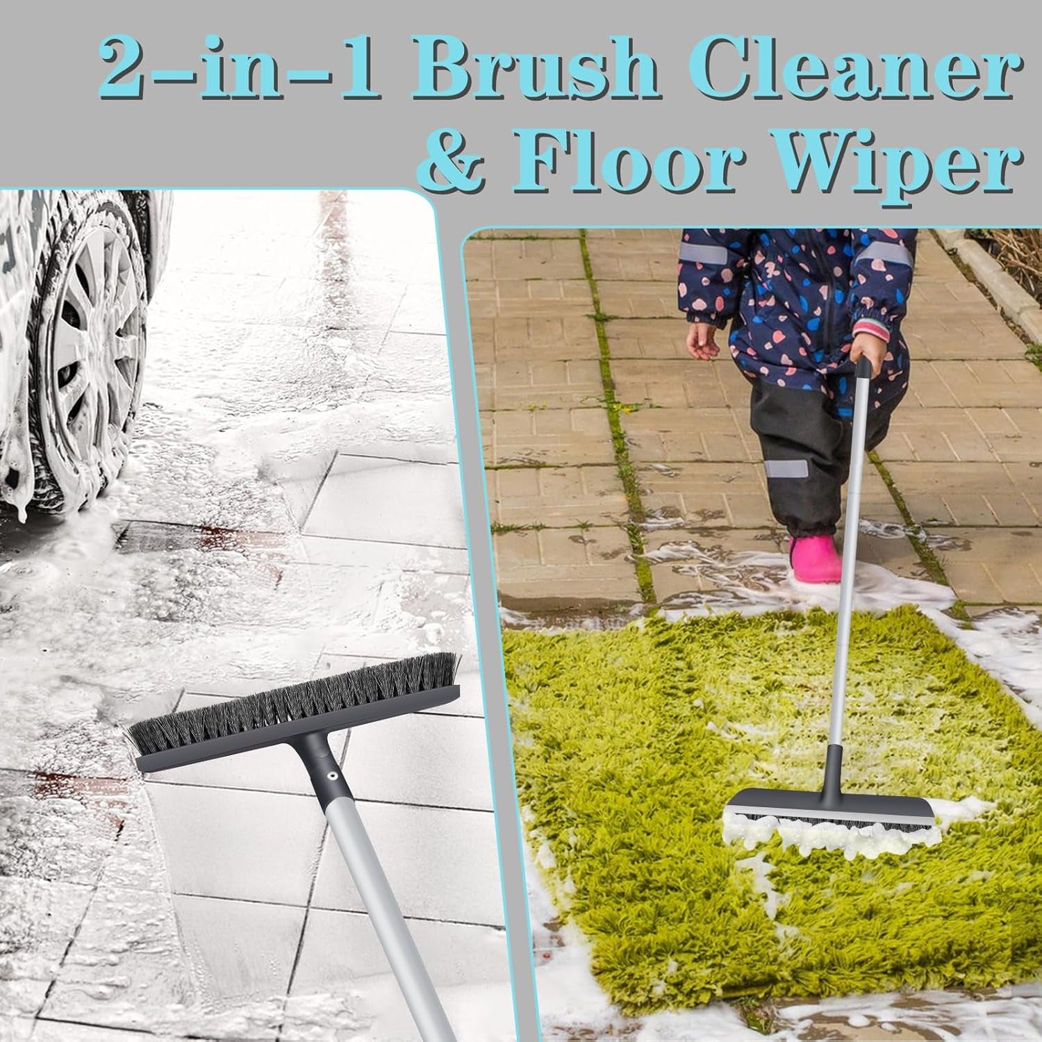 Floor Scrub Brush with Long Handle - Adjustable Handle 2 in 1 Scrape and Heavy-Duty Stiff Bristle Floor Scrubber Brush for Cleaning Bathroom, Kitchen Patio Tile Garage and Deck