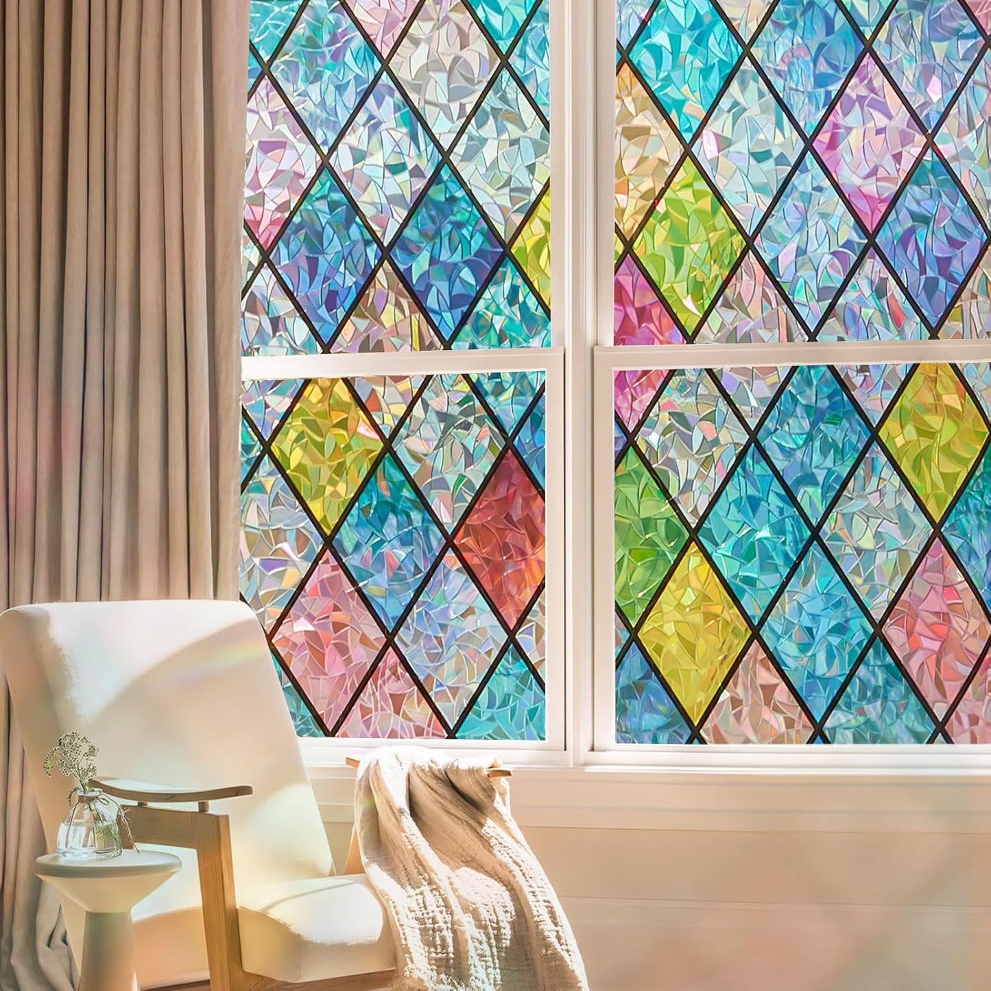 Window Privacy Film Stained Glass, Rainbow Window Film Decorative for Bathroom, Peel and Stick Window Cling Removable(Lattice,17.7 X 78.7 Inches)