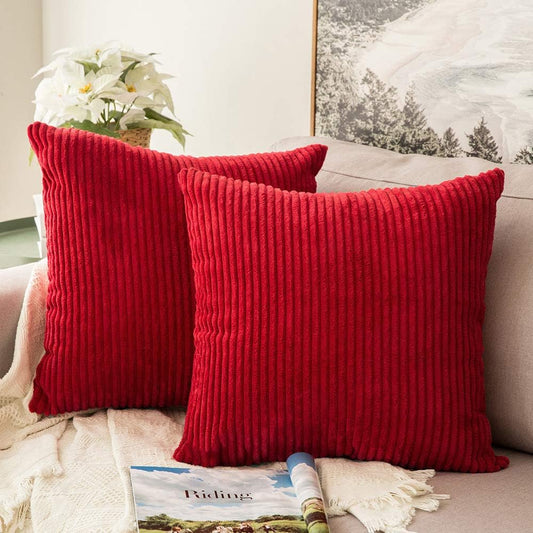 Winter Pack of 2 Corduroy Soft Soild Decorative Square Christmas Throw Pillow Covers Set Cushion Cases Pillowcases for Sofa Bedroom Car 18 X 18 Inch 45 X 45 Cm Red
