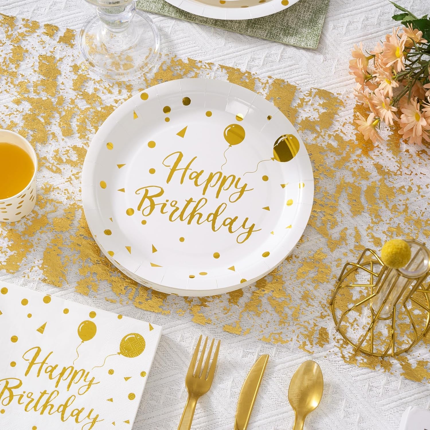 Happy Birthday Paper Plates Set, 175 PCS Disposable Dinnerware Set for 25 Guests, White Gold Dot Paper Plates Napkins Cups Gold Plastic Forks Knives Spoons for Birthday Party Decor