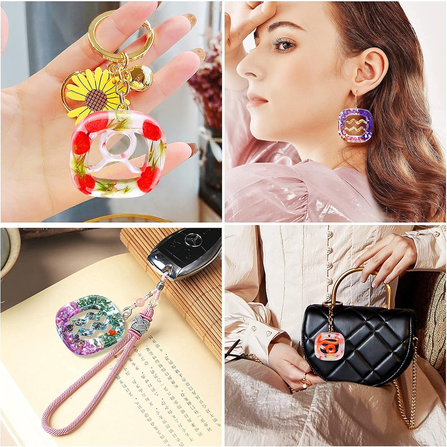 Zodiac Keychain Silicone Resin Molds 12 Constellation Epoxy Jewelry Casting Molds with 50 Pcs Open Jump Rings Christmas Resin Molds for DIY Making Pendant Ornaments Decoration and Gifts